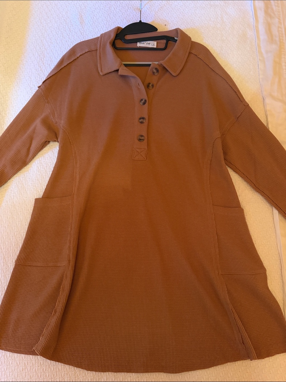 Relaxed Waffle-Knit V-Neck Sweater Tunic or short dress - rust color - Picture 2 of 4